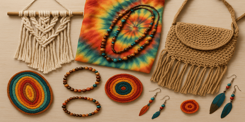 A collection of colorful hippie crafts, including a macramé wall hanging, tie-dye fabric, beaded necklaces and bracelets, crochet bag with fringes, and feather earrings, displayed on a wooden surface.